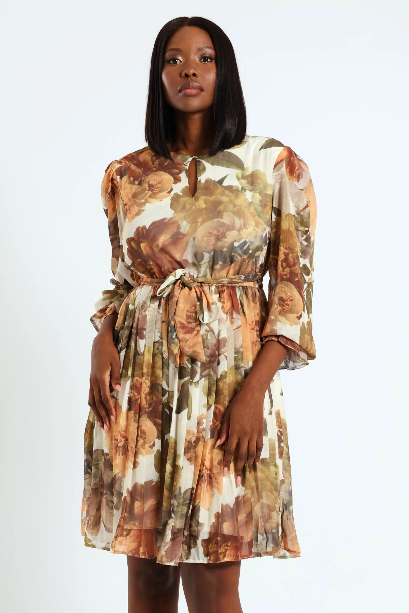 Front Key Hole Detail Pleated Tea Dress - Brown sold by Edgars