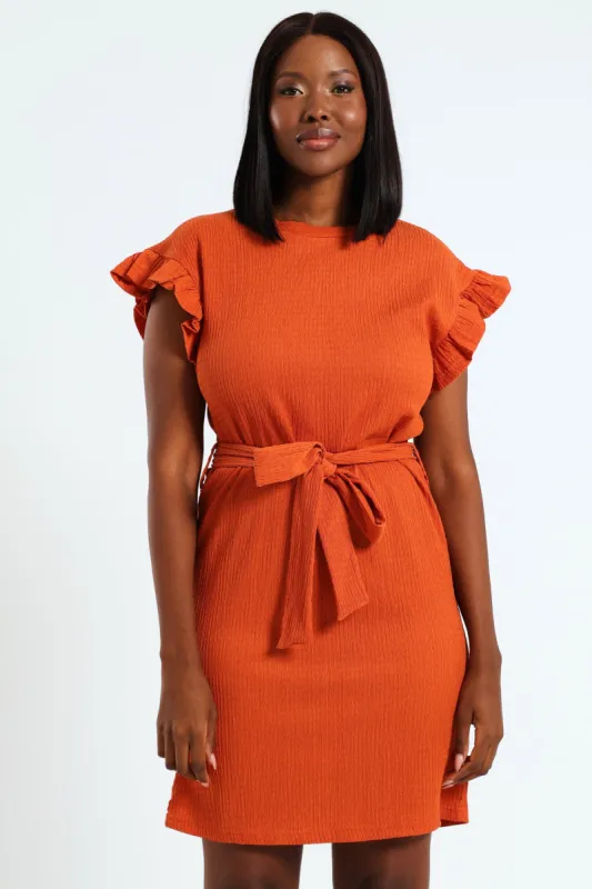 Frill Sleeve Belted Knit Shift Mini Dress - Rust sold by Edgars 