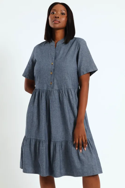 Frill Tiered Shirt Dress - Blue sold by Edgars