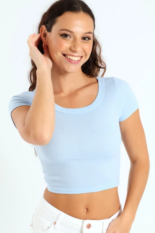 Scoop Neck Rib Crop Top - Light Blue sold by Edgars