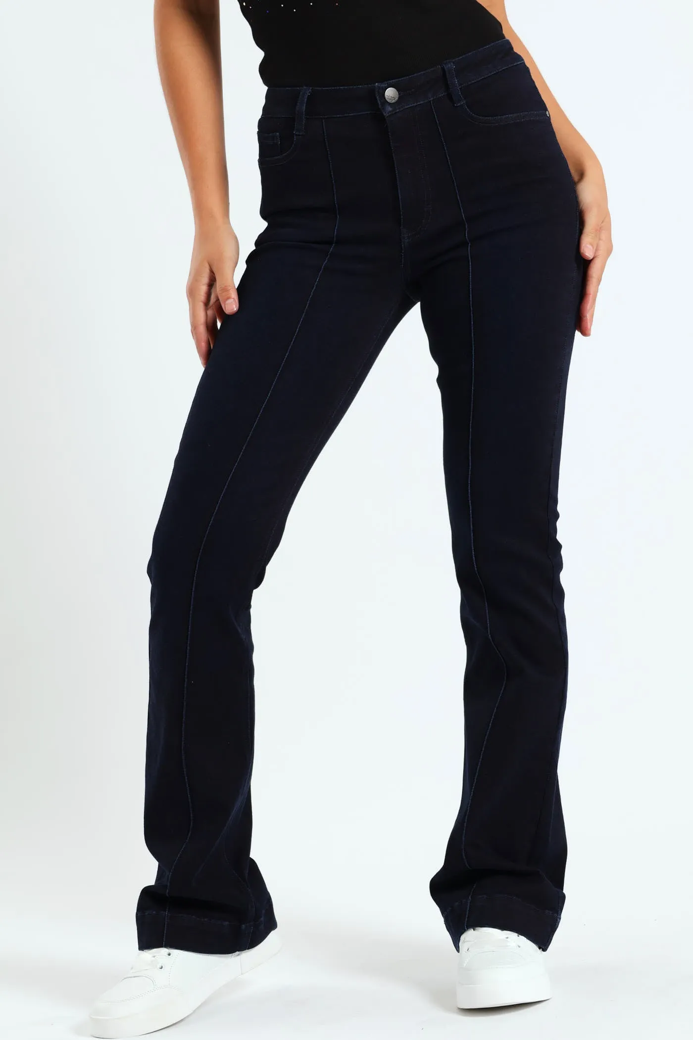 Pintuck Detail Mid Waist Bootleg Jean - Blue/Black sold by Edgars