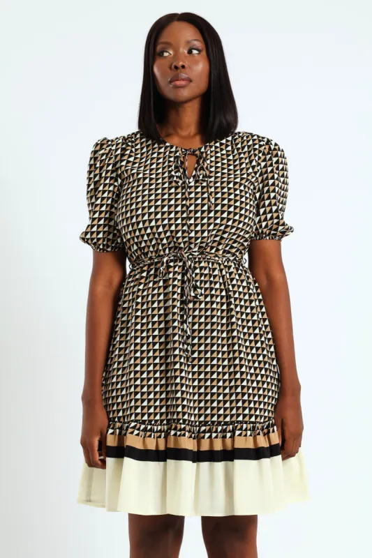 Tie Up Puff Sleeve Tea Dress - Black/Cream sold by Edgars