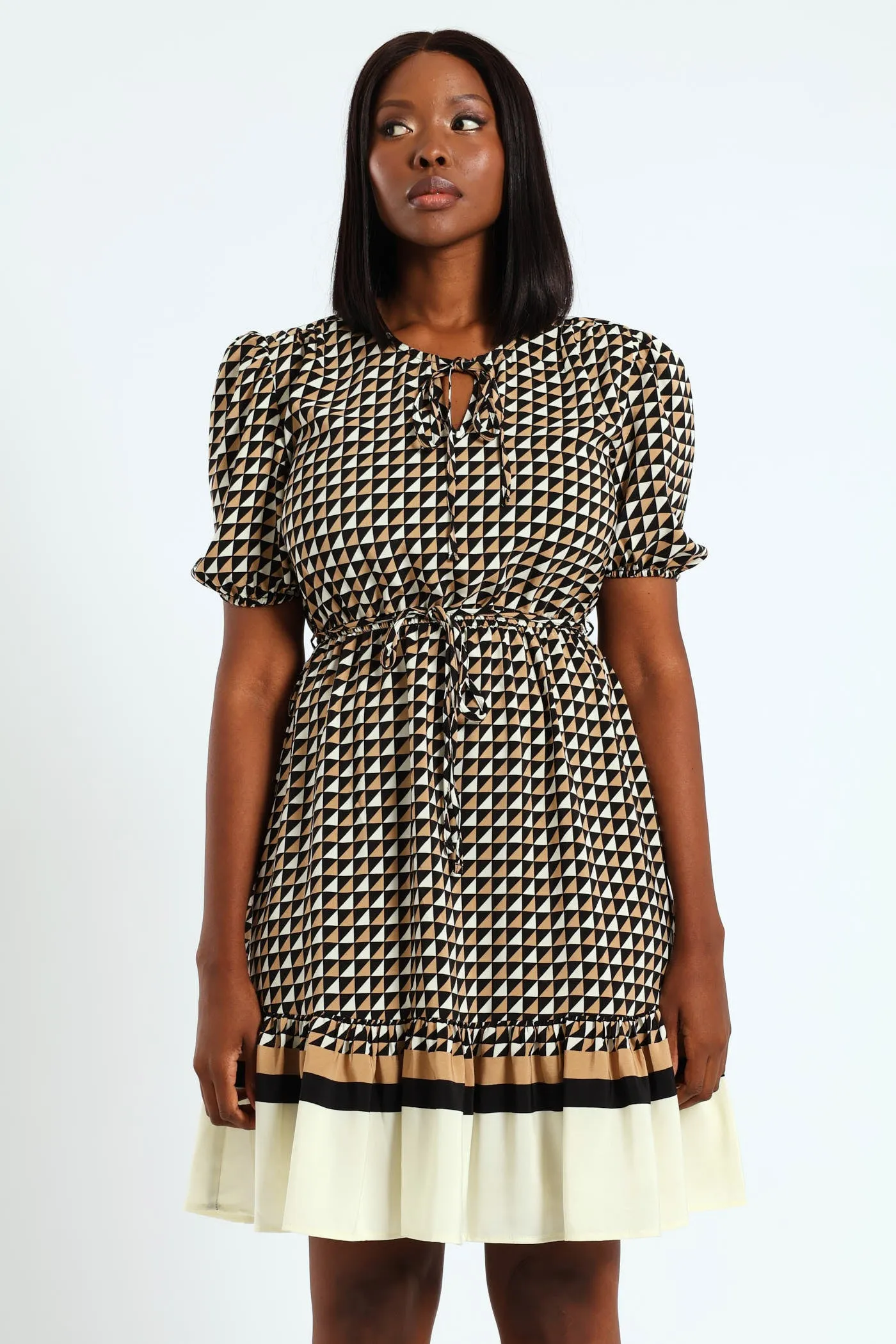 Tie Up Puff Sleeve Tea Dress - Black/Cream sold by Edgars