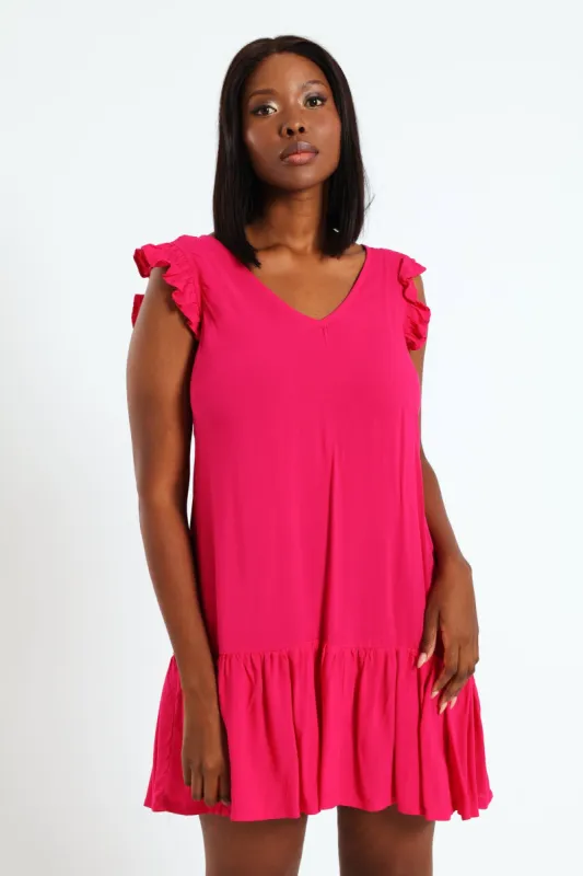 V-Neck Frill Sleeve Tie Detail Drop Hem Mini Dress - Cerise sold by Edgars