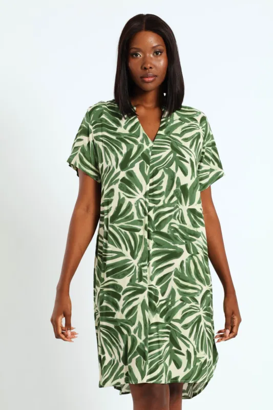 Pleat Front Mandarin Collar Shift Dress - White/Green sold by Edgars