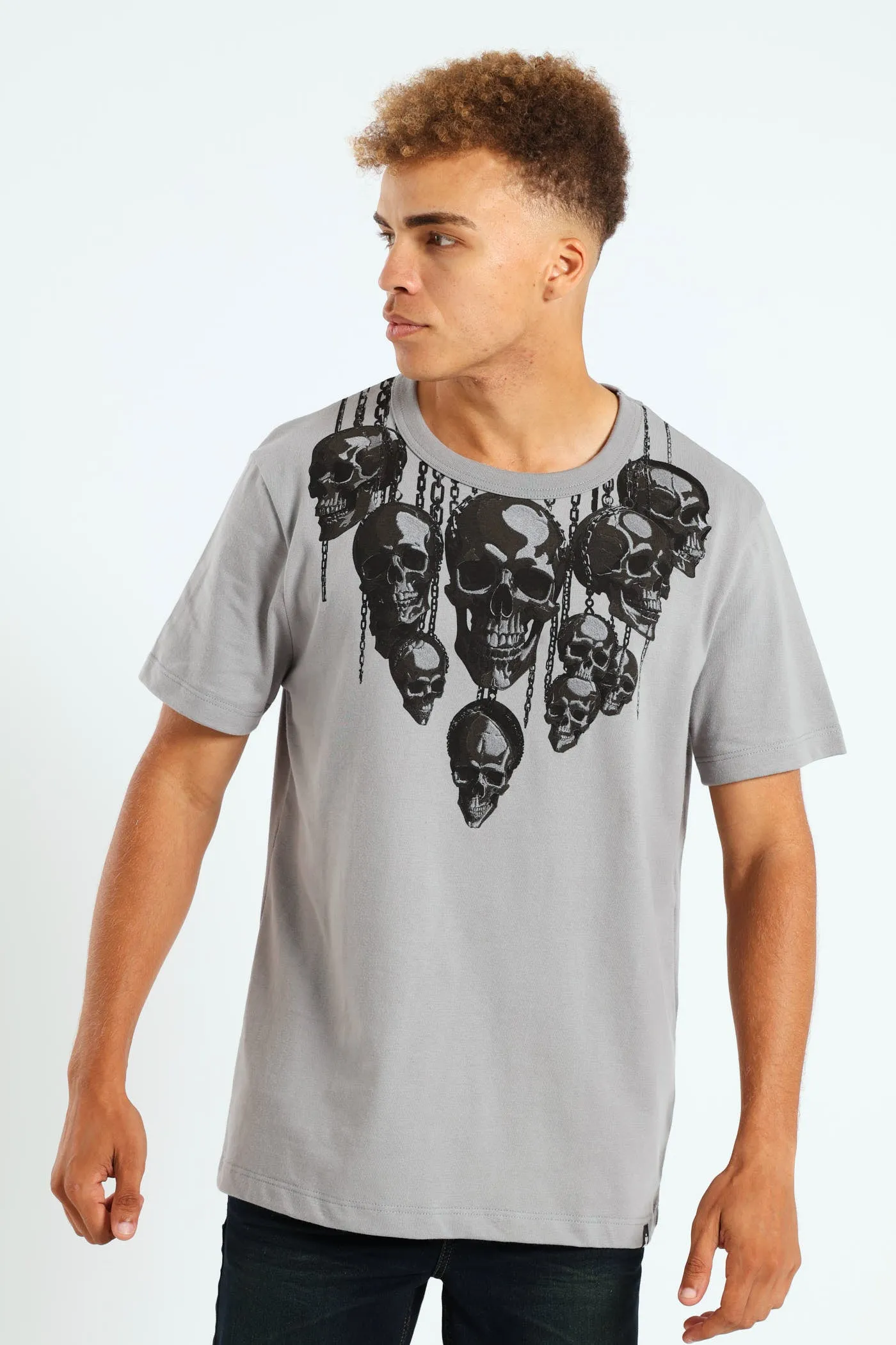 Chained Skull Embroidered Tee - Grey sold by Edgars