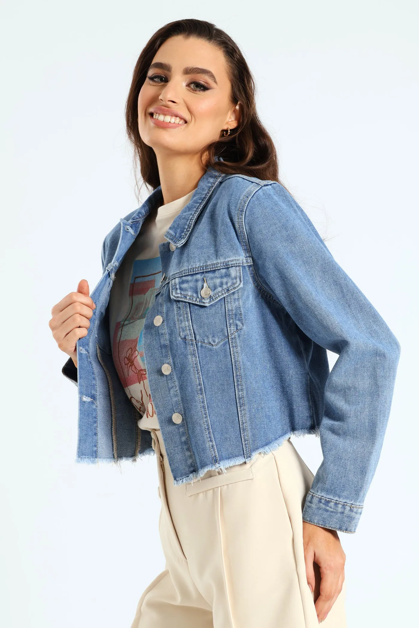 Long Sleeve Cropped Raw Hem Denim Jacket - Mid Blue sold by Edgars product image thumbnail 5