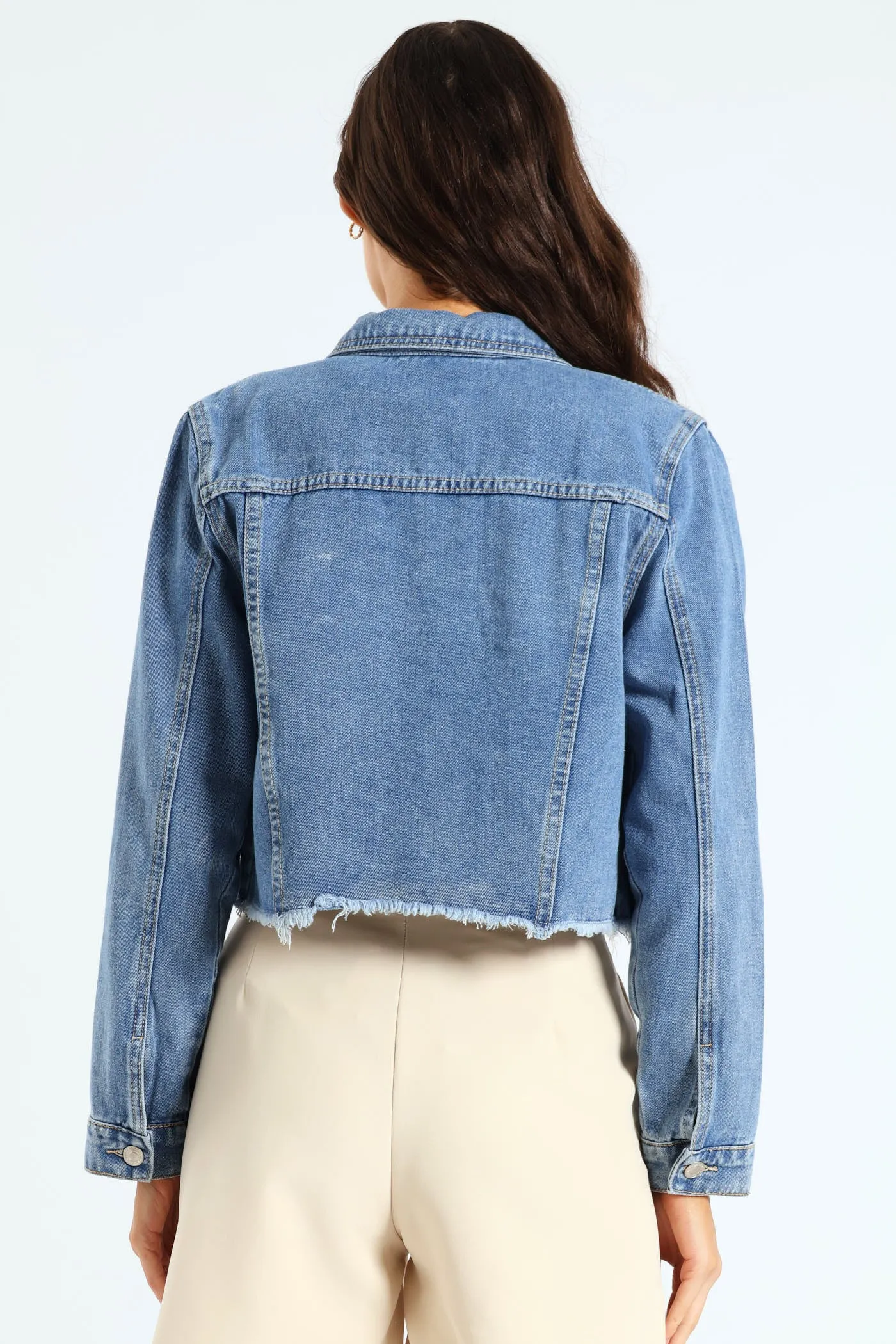 Long Sleeve Cropped Raw Hem Denim Jacket - Mid Blue sold by Edgars product image thumbnail 3