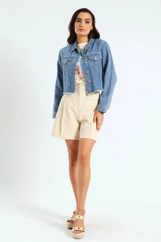 Long Sleeve Cropped Raw Hem Denim Jacket - Mid Blue sold by Edgars 
