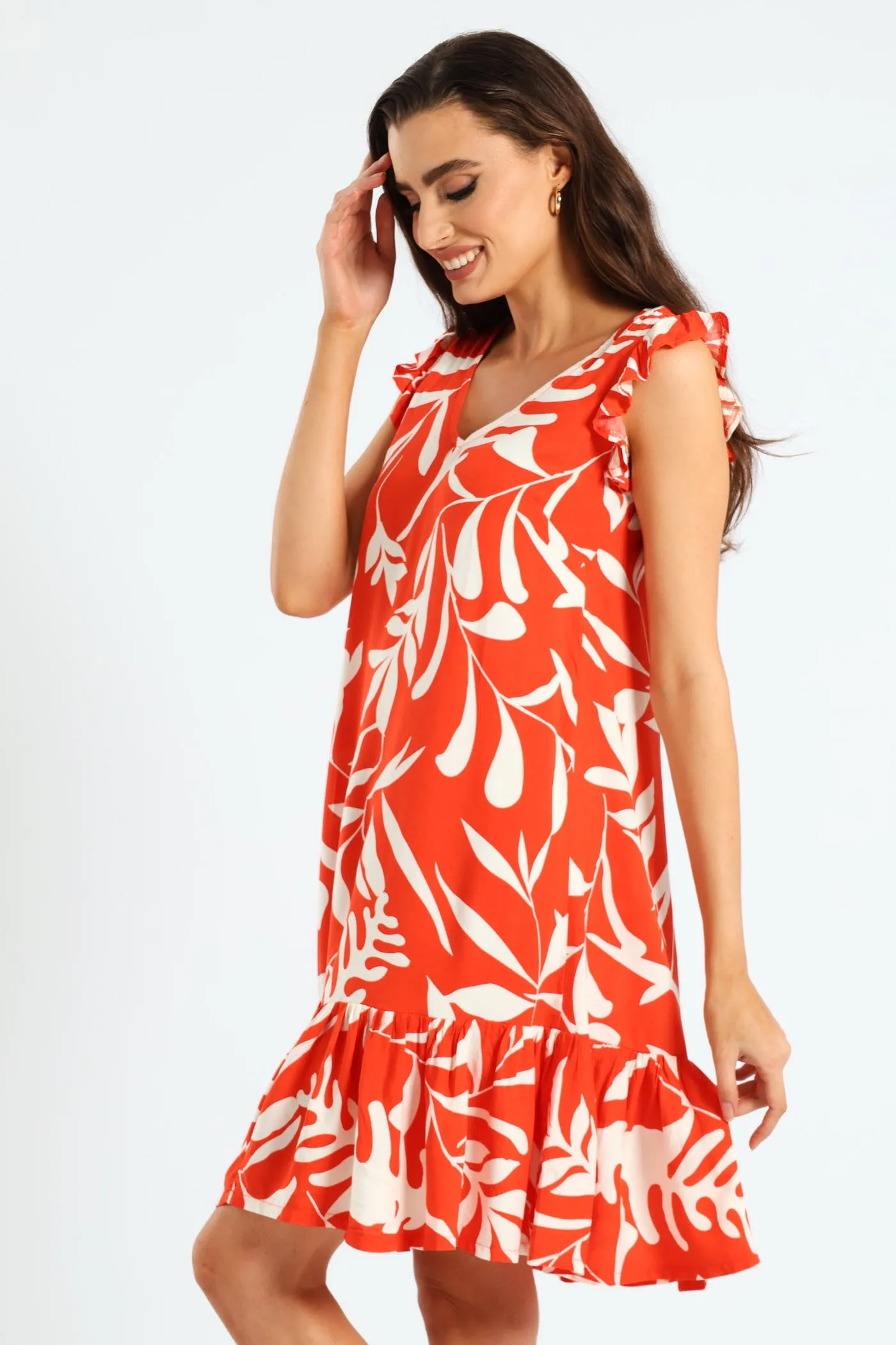 V-Neck Frill Sleeve Drop Hem Mini Dress - White/Orange sold by Edgars product image thumbnail 3