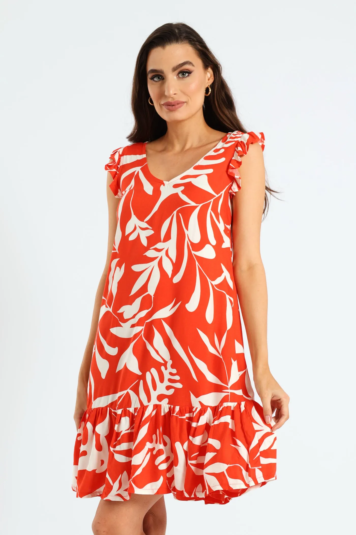 V-Neck Frill Sleeve Drop Hem Mini Dress - White/Orange sold by Edgars