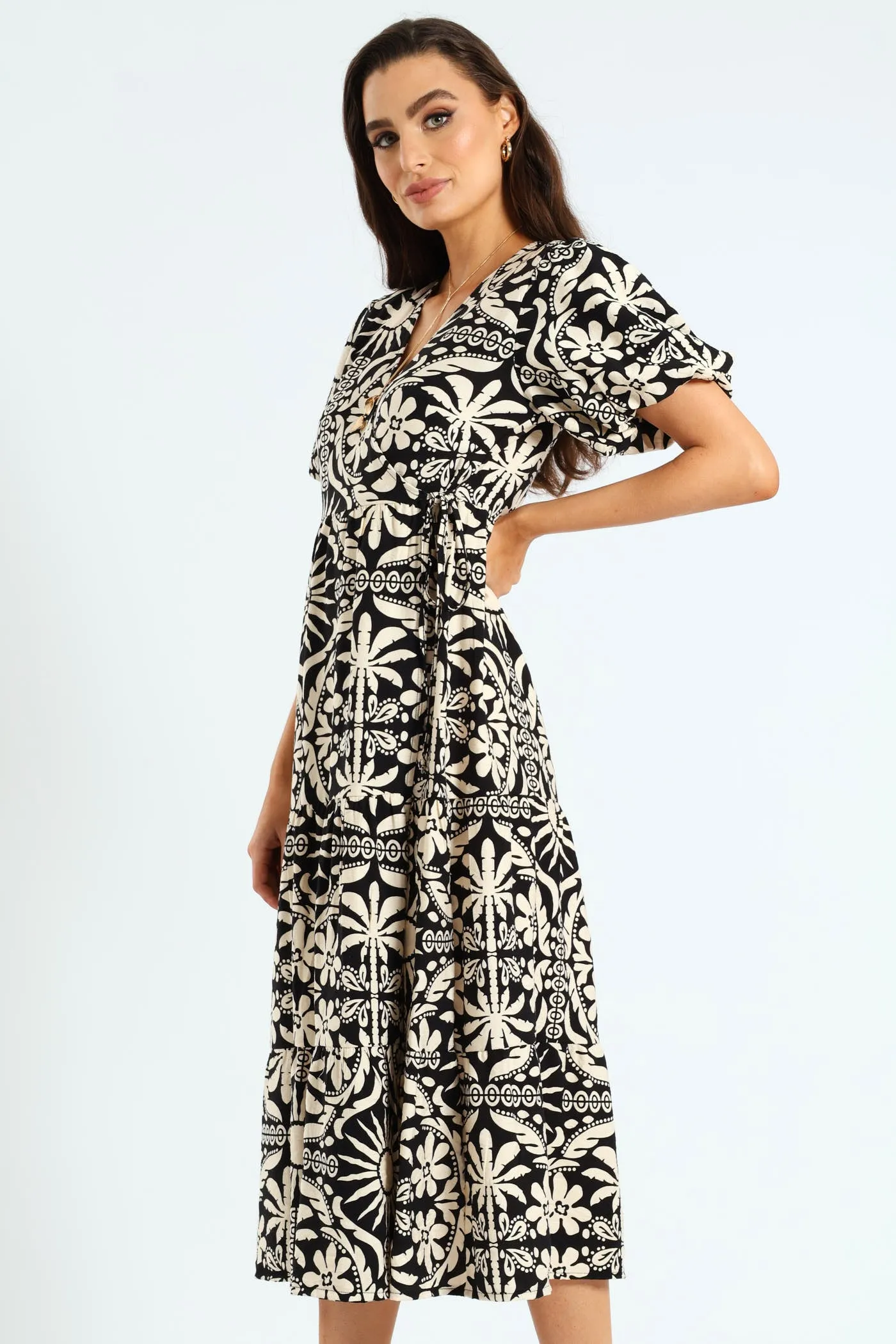Bubble Sleeve Tiered Wrap Midi Dress - Black/Beige sold by Edgars product image thumbnail 2