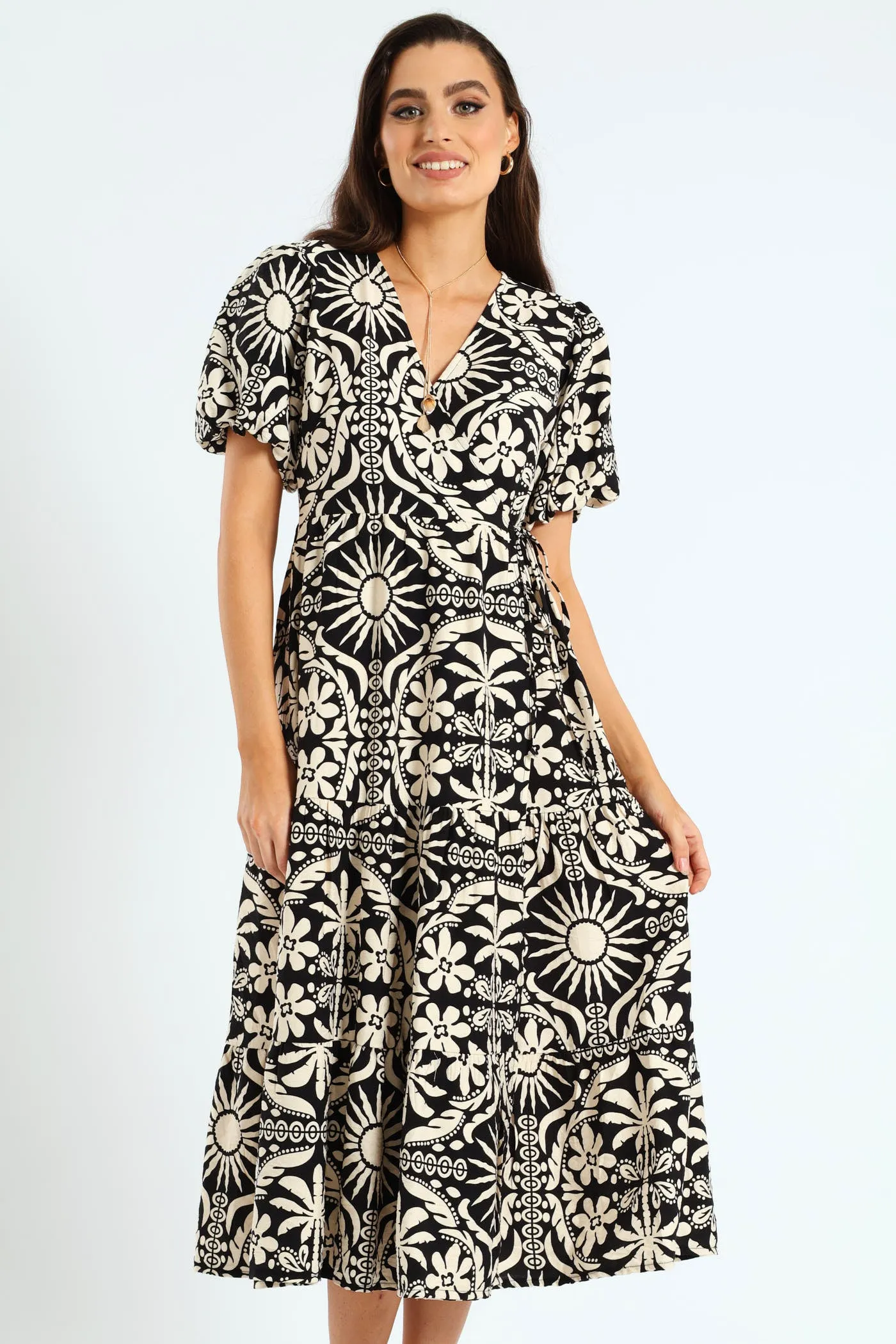 Bubble Sleeve Tiered Wrap Midi Dress - Black/Beige sold by Edgars