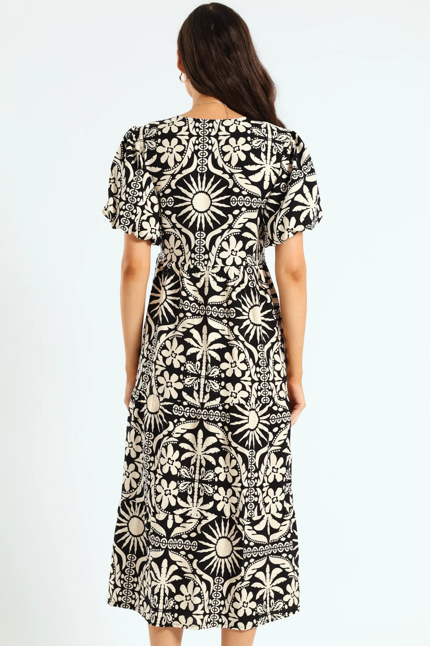 Bubble Sleeve Tiered Wrap Midi Dress - Black/Beige sold by Edgars product image thumbnail 4