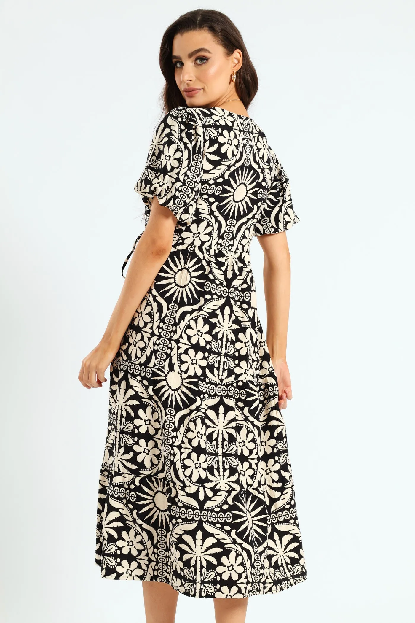 Bubble Sleeve Tiered Wrap Midi Dress - Black/Beige sold by Edgars product image thumbnail 3