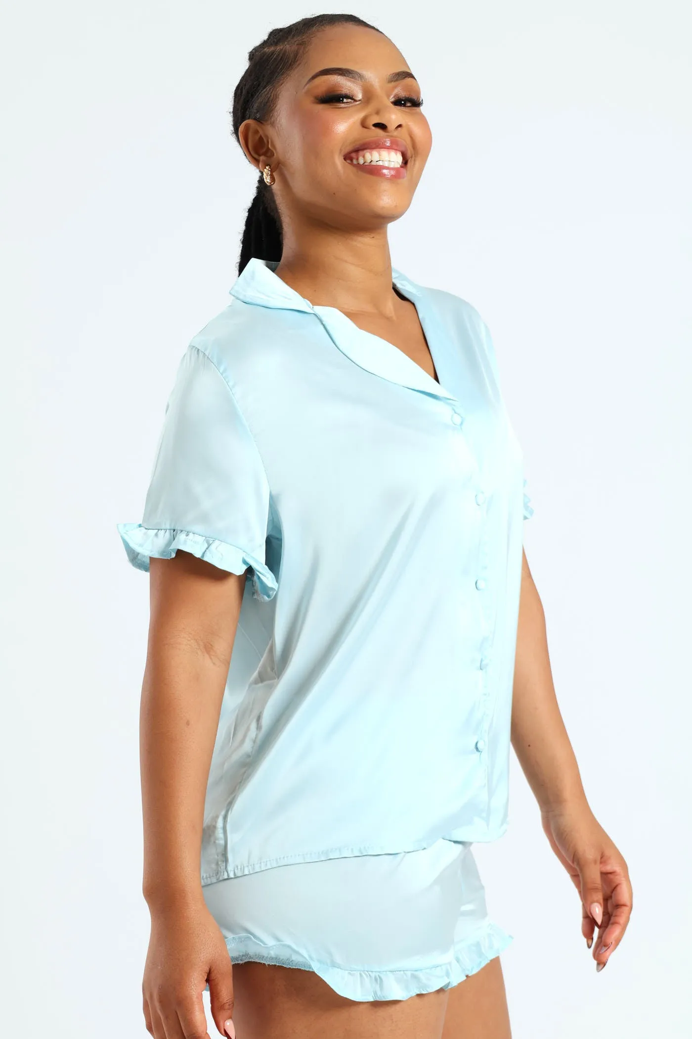 Plain Satin Button Through & Frill Short Set - Blue sold by Edgars product image thumbnail 2