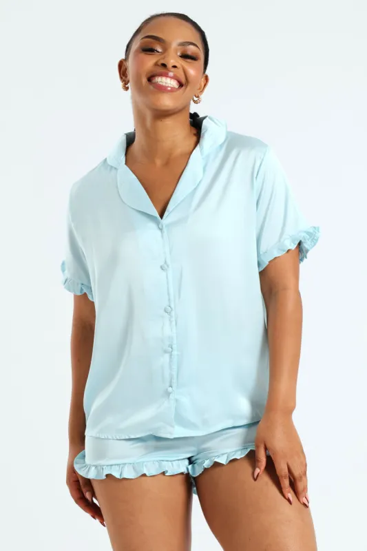 Plain Satin Button Through & Frill Short Set - Blue sold by Edgars 