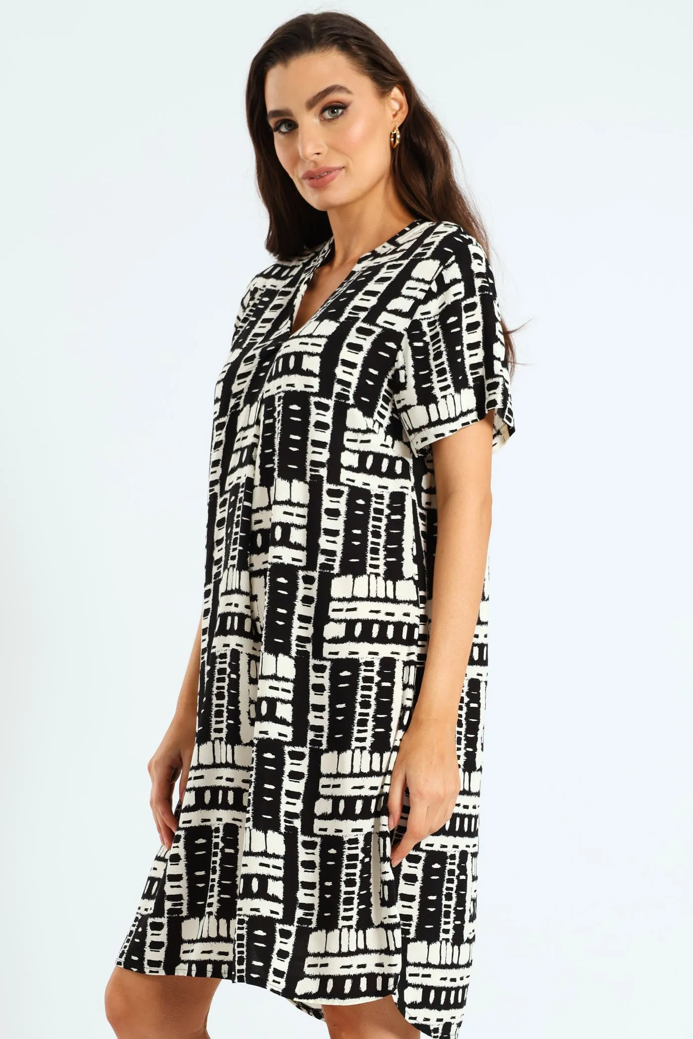 Pleat Front Mandarin Collar Shift Dress - Black/White sold by Edgars product image thumbnail 2
