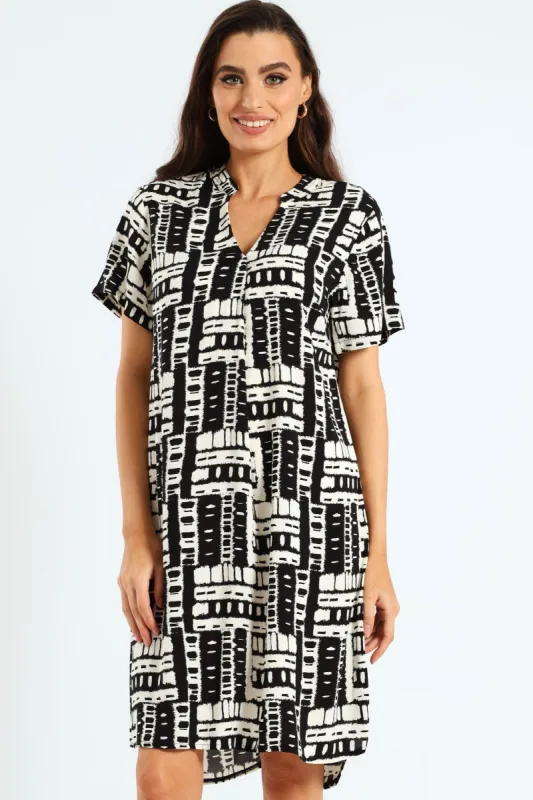 Pleat Front Mandarin Collar Shift Dress - Black/White sold by Edgars