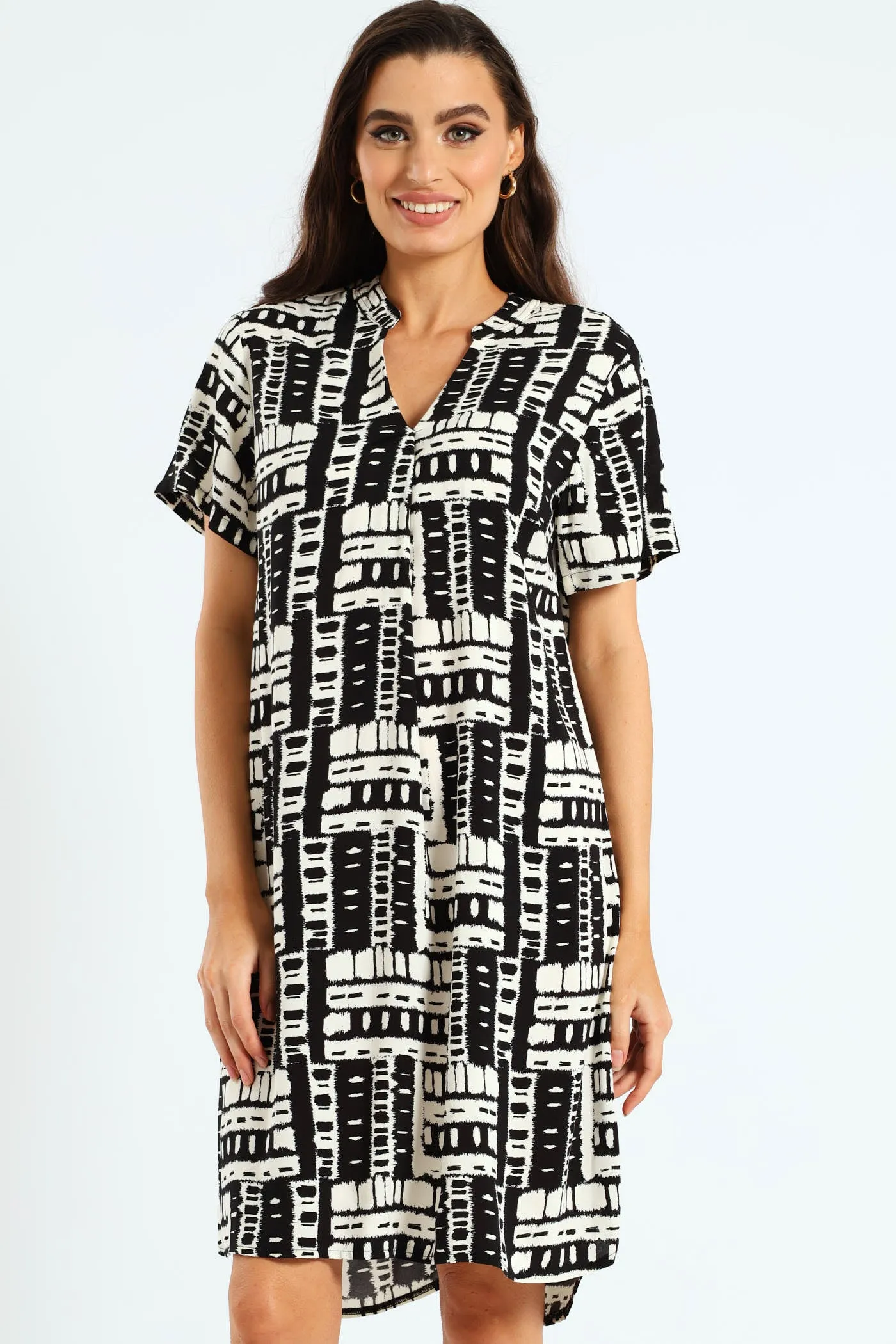 Pleat Front Mandarin Collar Shift Dress - Black/White sold by Edgars