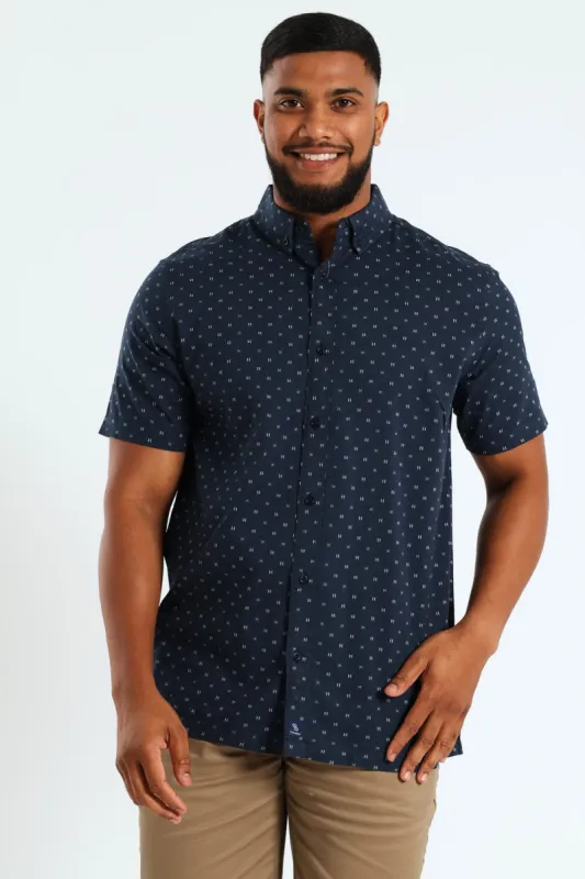 Buttondown Geo Print Short Sleeve Shirt - Navy sold by Edgars