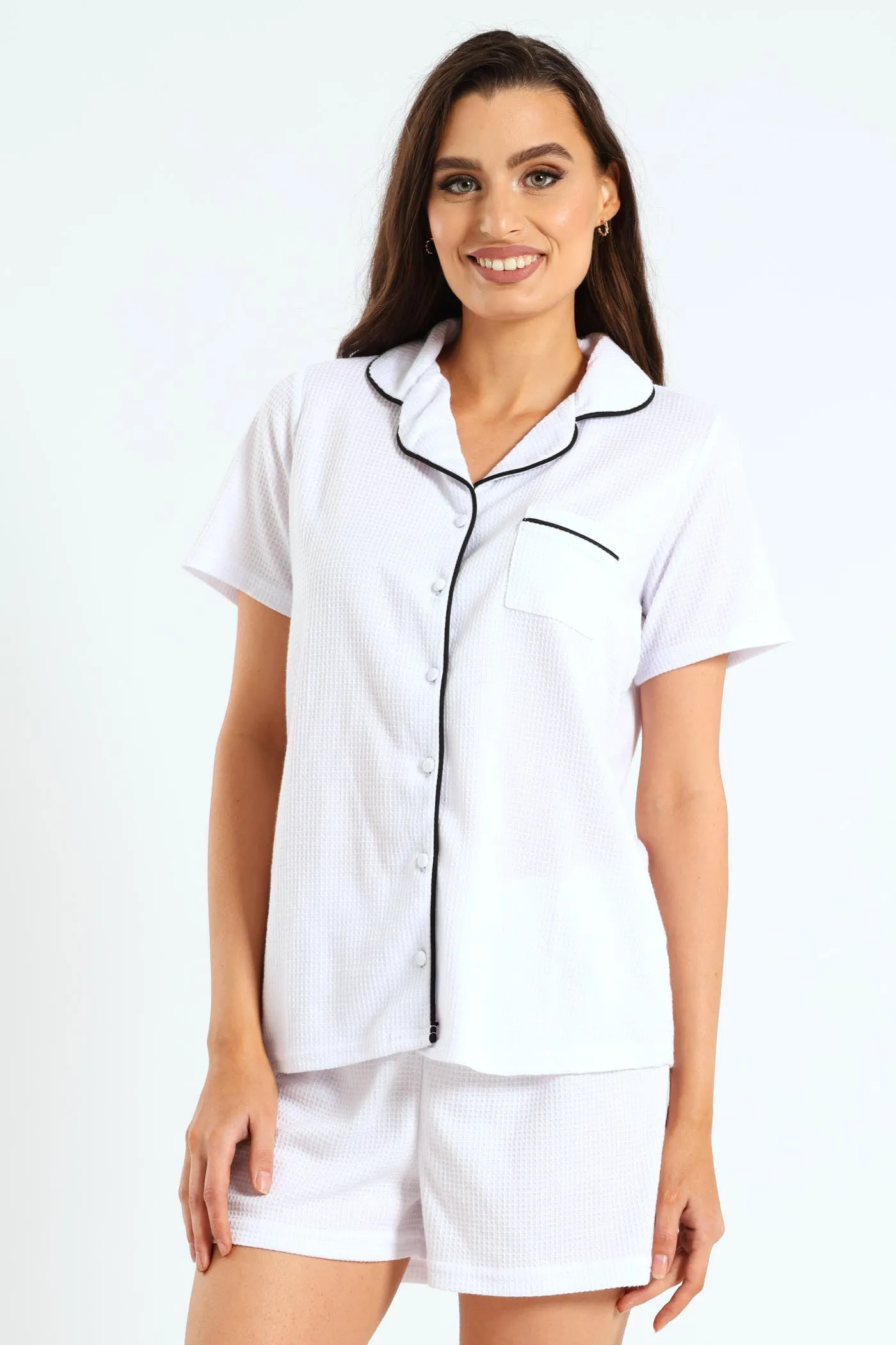 Button Through Waffle Knit Short Set - White sold by Edgars