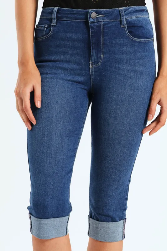 Turn Up Detail Mid Waist Peddle Pusher Denim - Mid Blue sold by Edgars