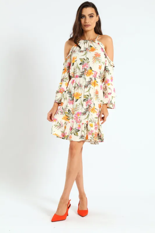 3/4 Sleeve Cold-Shoulder Frilly Hem Mini Dress sold by Edgars