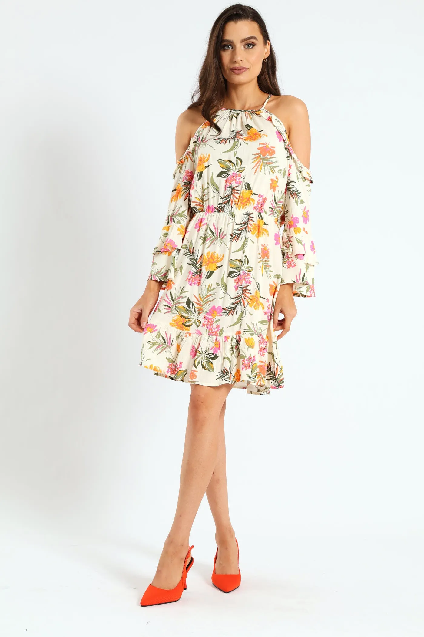 3/4 Sleeve Cold-Shoulder Frilly Hem Mini Dress sold by Edgars