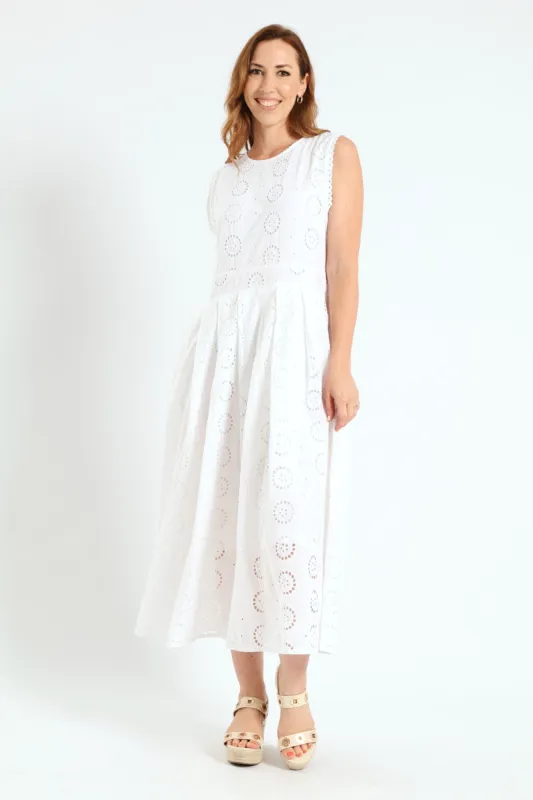 Scalloped Fit & Flare Anglaise Midi Dress - White sold by Edgars