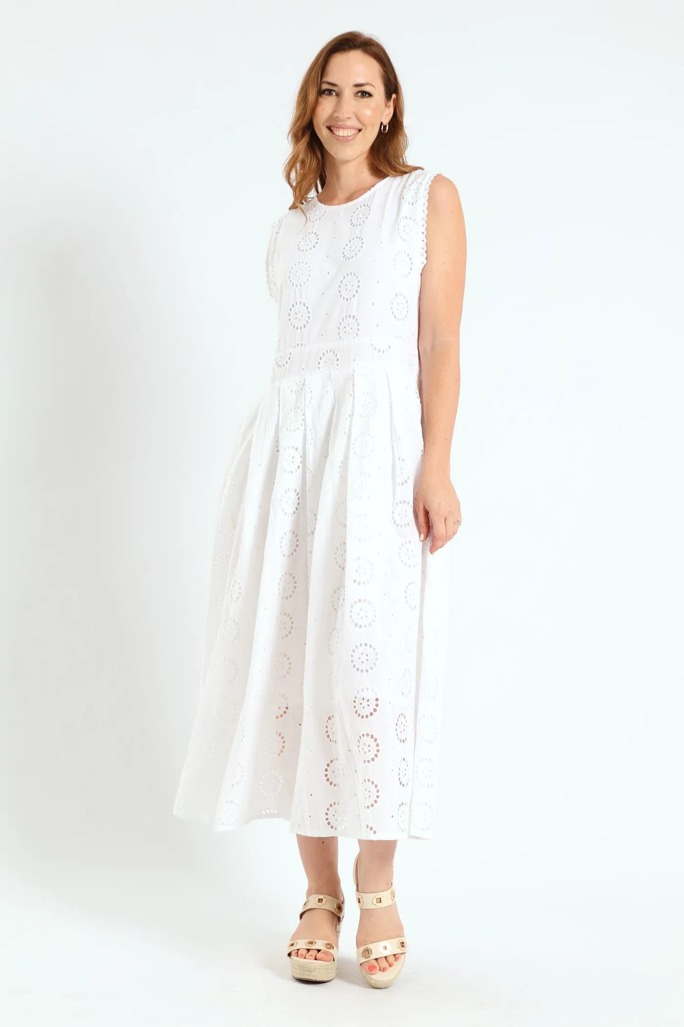 Scalloped Fit & Flare Anglaise Midi Dress - White sold by Edgars