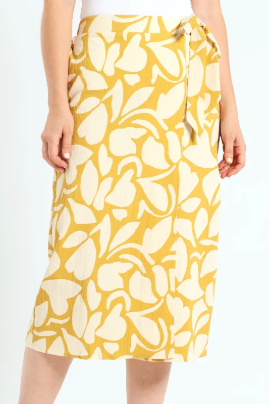 Mock Wrap A-Line Midi Skirt - Mustard/Cream sold by Edgars