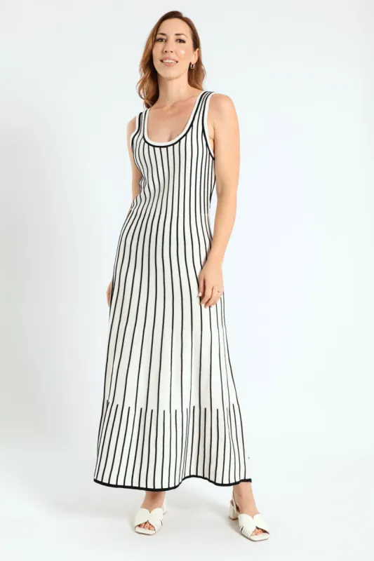 V-Neck Constrast Knitwear Midi Dress - White/Black sold by Edgars 