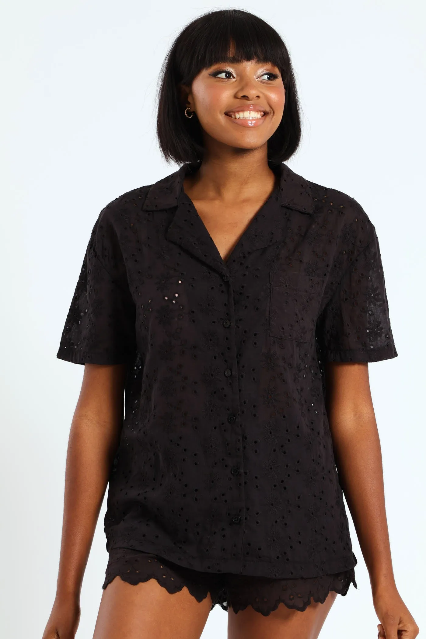 Anglaise Button Through Short Set - Black sold by Edgars