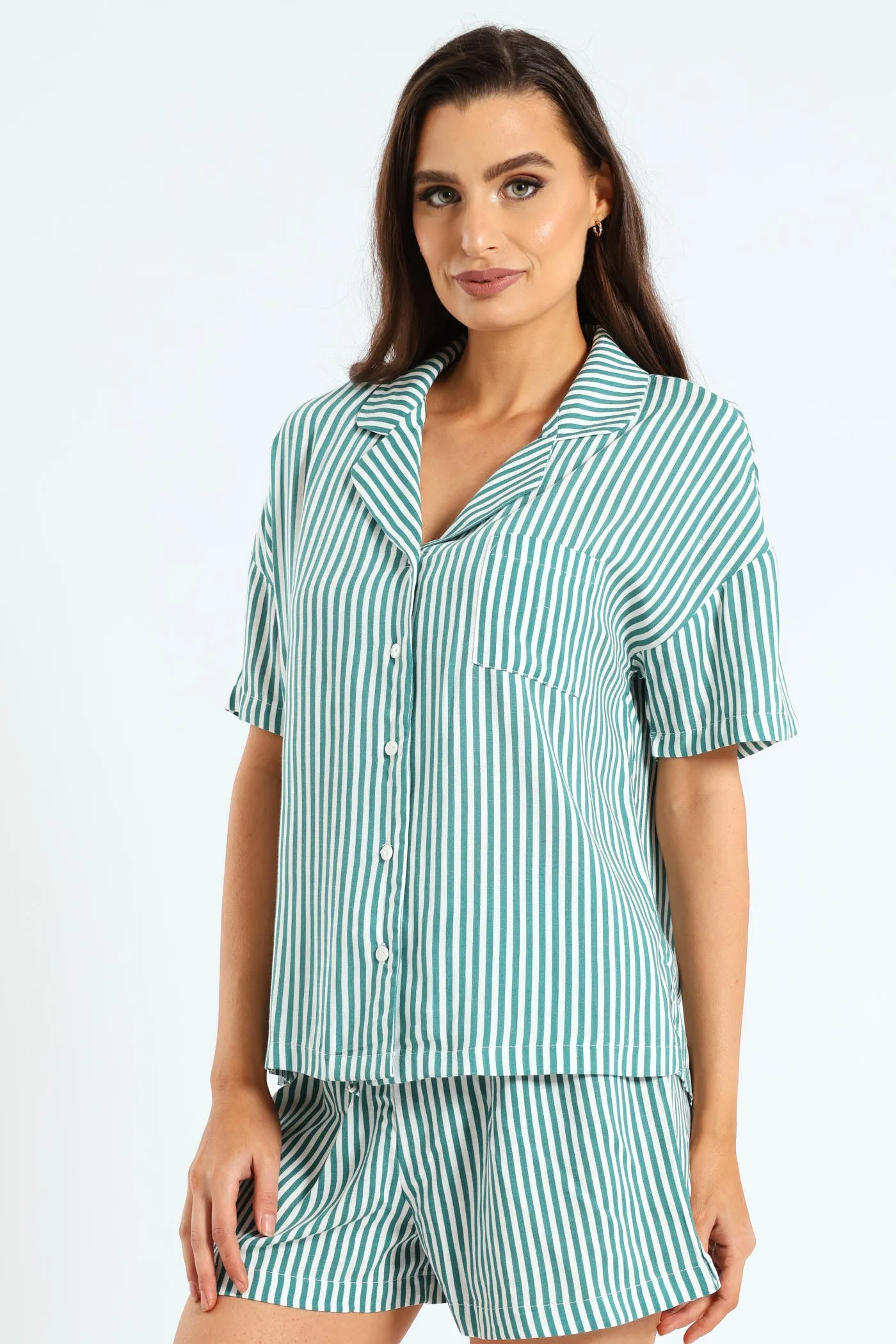 Button Through Linen Stripe Short Set - White/Green sold by Edgars
