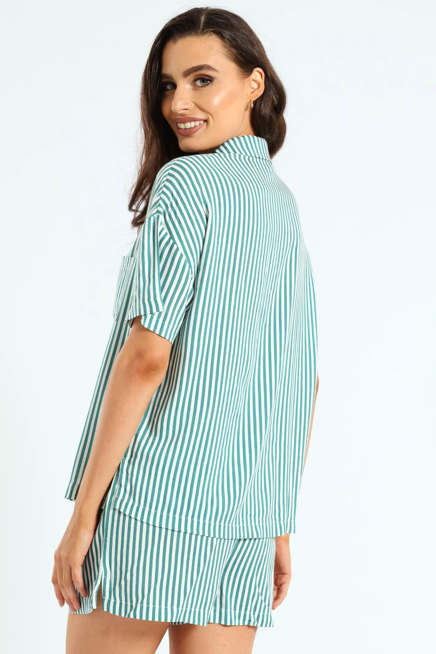 Button Through Linen Stripe Short Set - White/Green sold by Edgars product image thumbnail 2