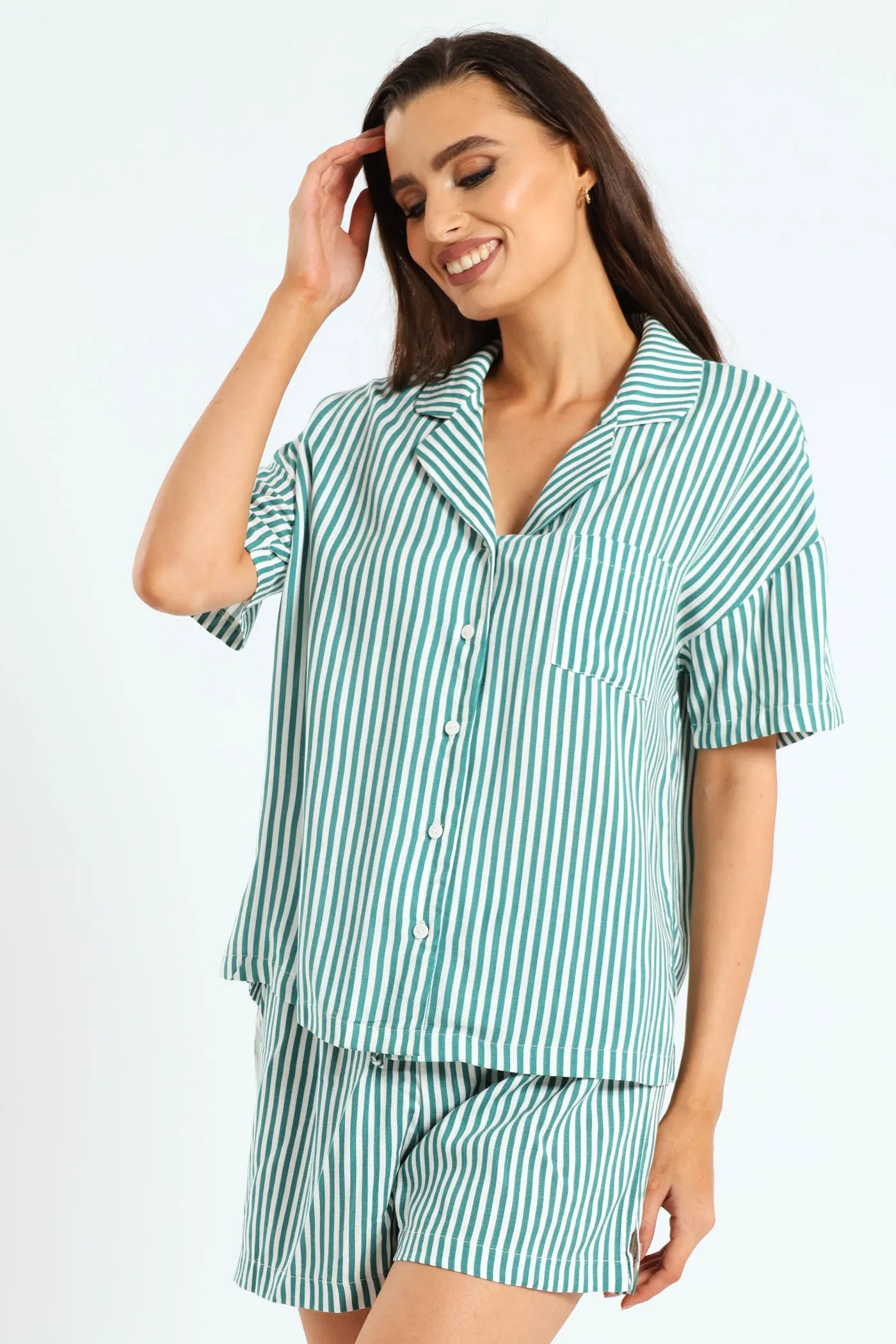 Button Through Linen Stripe Short Set - White/Green sold by Edgars product image thumbnail 3