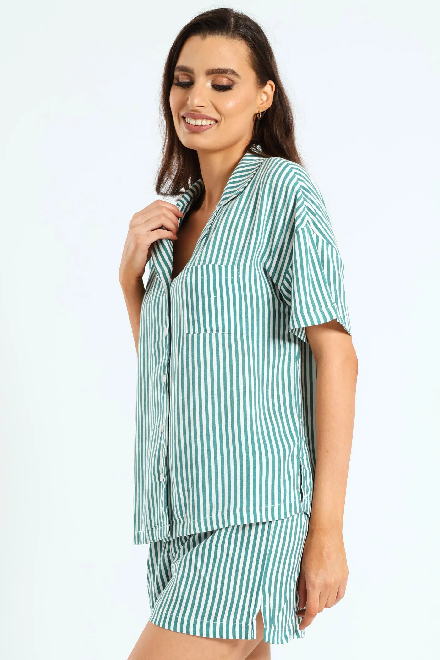 Button Through Linen Stripe Short Set - White/Green sold by Edgars product image thumbnail 4