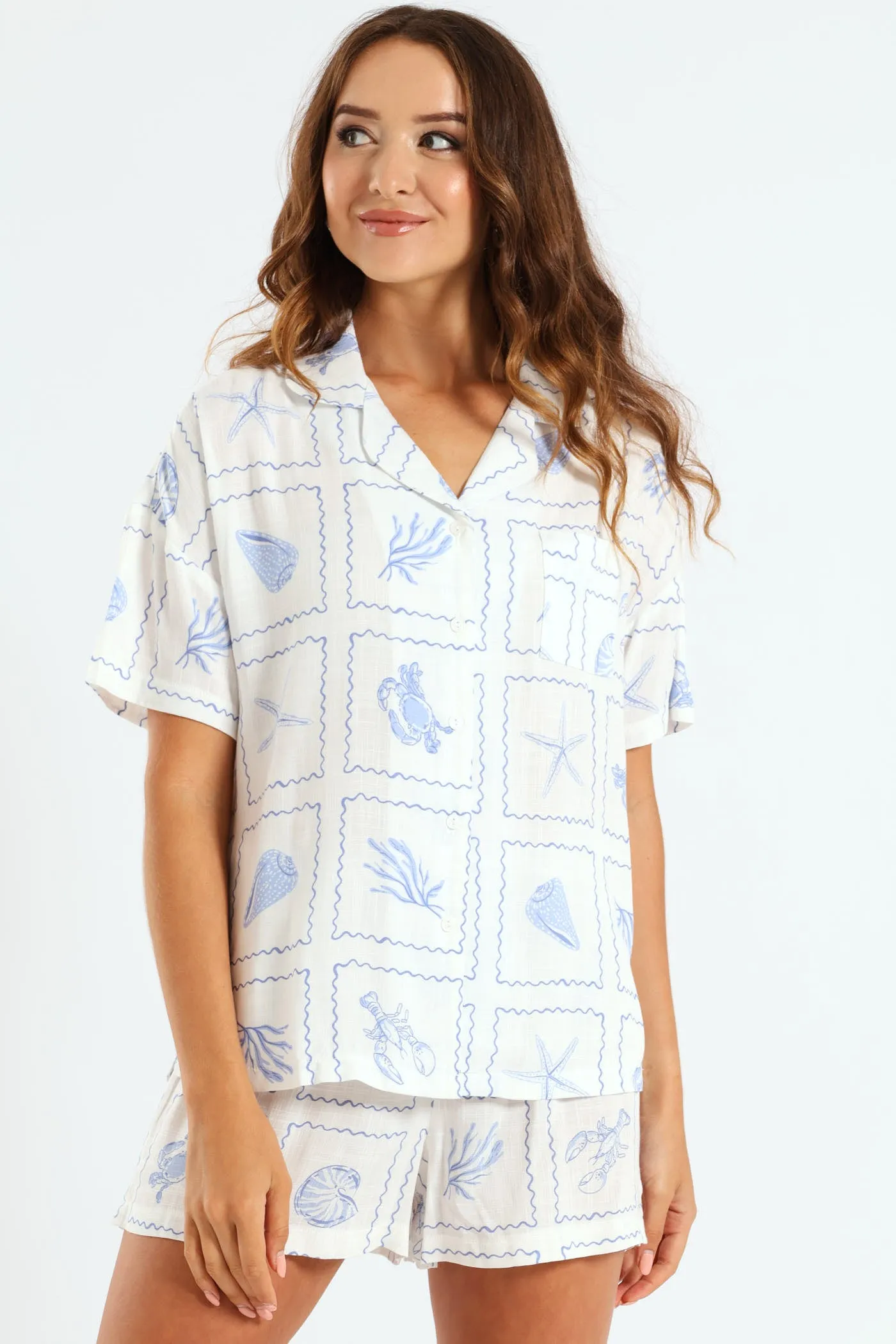 Button Through Print Linen Blend Short Set - White sold by Edgars