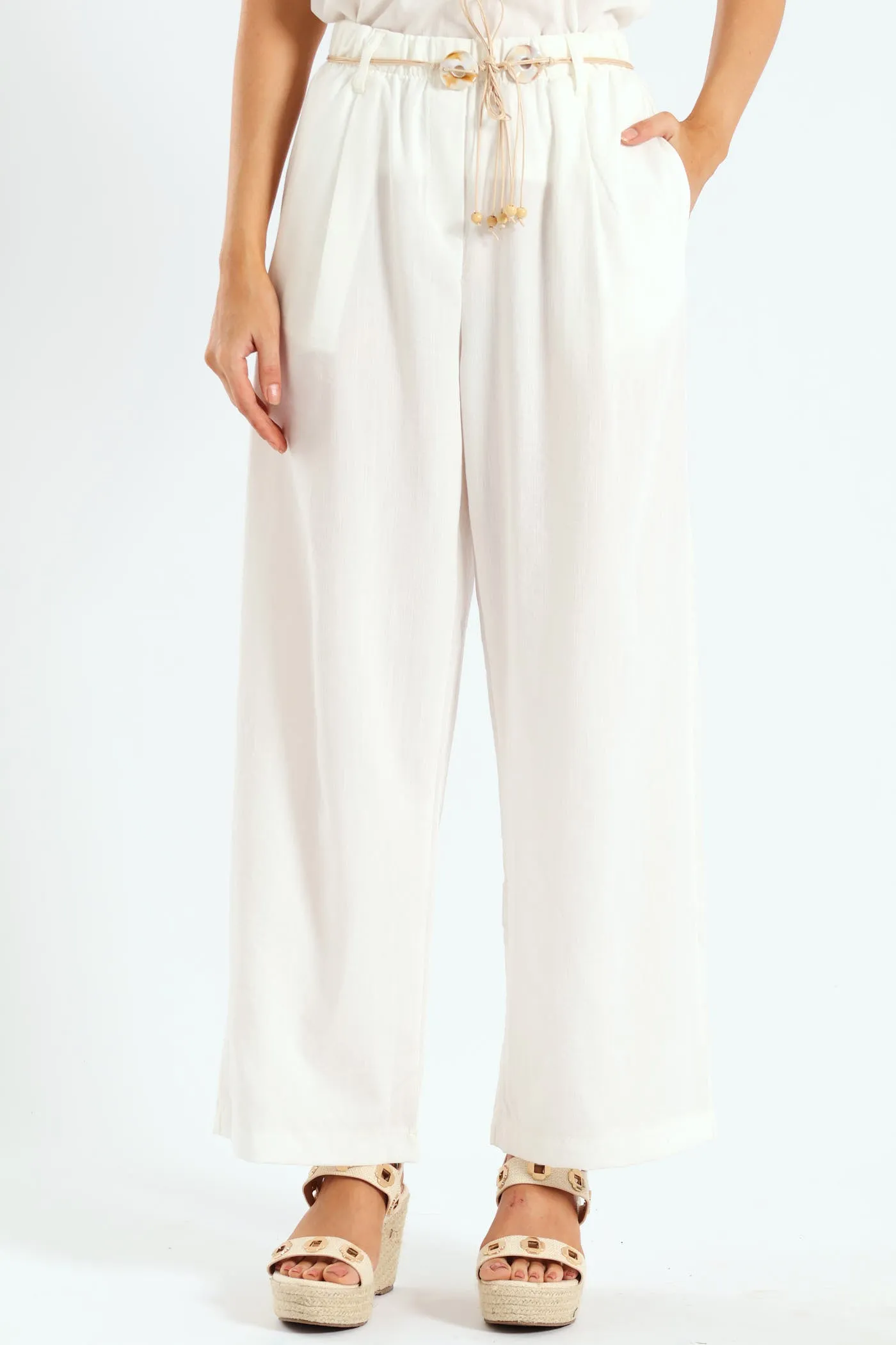 Braided Belt Pull-On Wideleg Pants - Off White sold by Edgars
