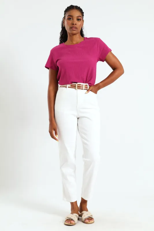 Triple Stitch Belted Mom Jean - Off White sold by Edgars