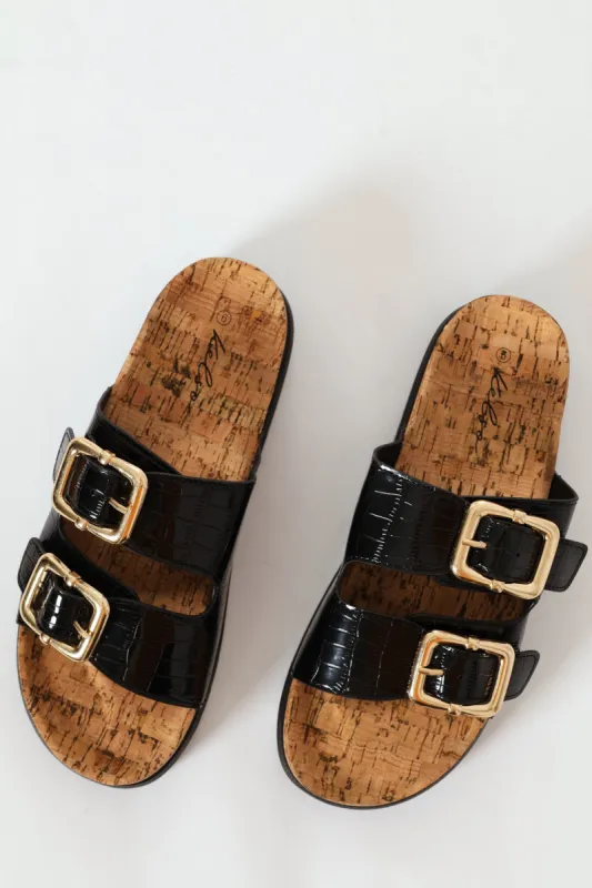 Puffed Strap Mule On Cork Outsole - Black sold by Edgars