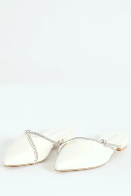 Double Diamante Strap Pointy Push In Mule - Off White sold by Edgars