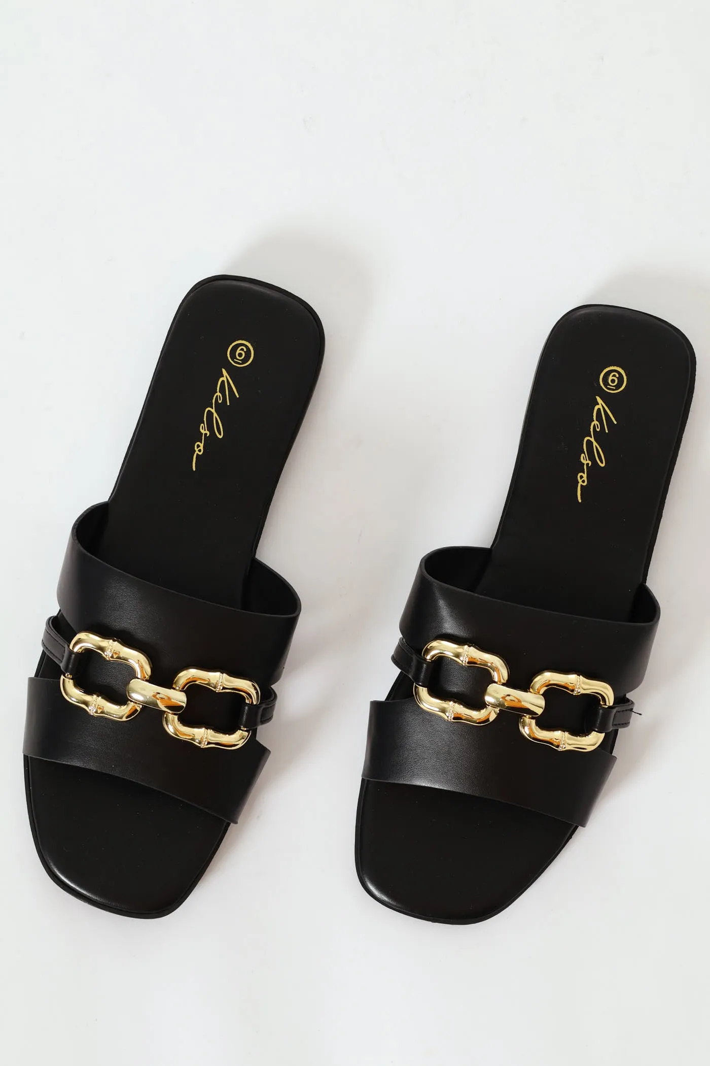 Gold Chain Detail Open Toe Mule Sandal - Black sold by Edgars