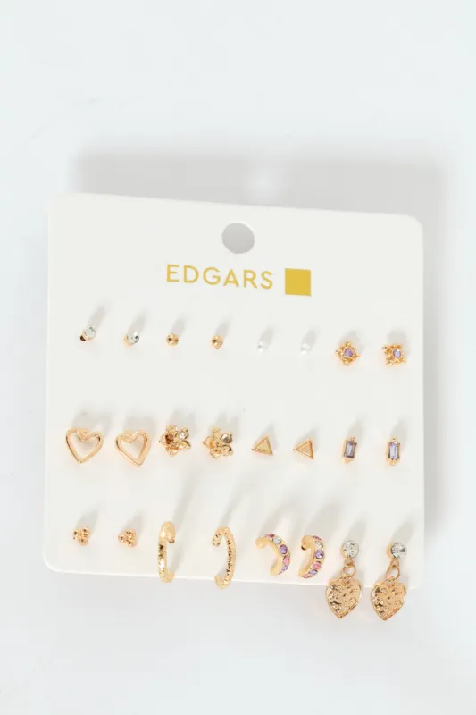 12 Pack Hearts, Flower & Hoops Earring Pack - Gold sold by Edgars