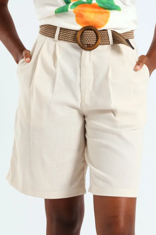 Raffia Belted Pleated Bermuda Shorts - Oatmeal Melange sold by Edgars 