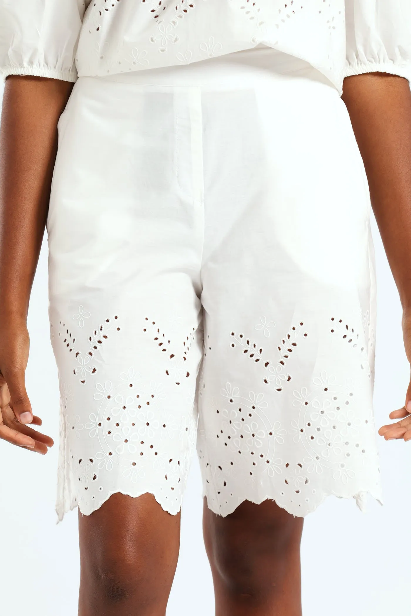Pull On Flat Front Bermuda Shorts With Anglaise Hem - White sold by Edgars