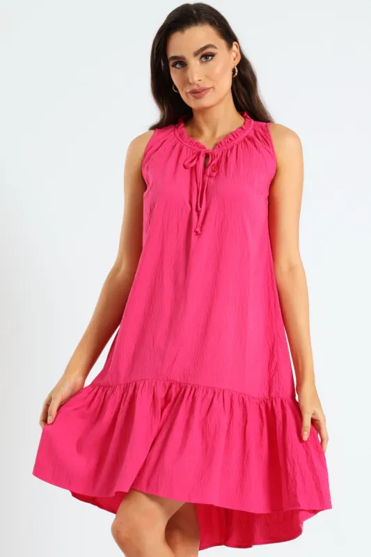Frill Neck Drop Hem Dress - Fuchsia sold by Edgars