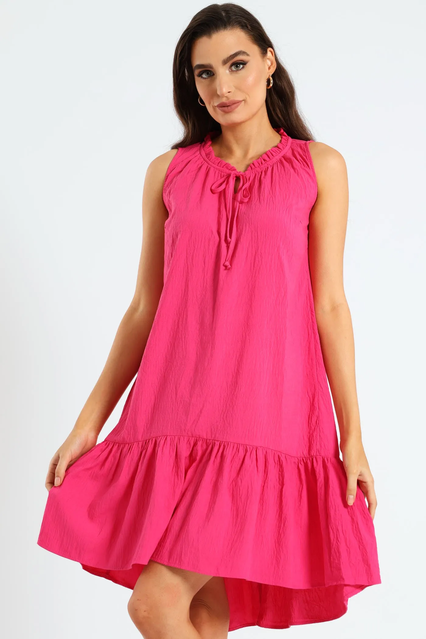 Frill Neck Drop Hem Dress - Fuchsia sold by Edgars