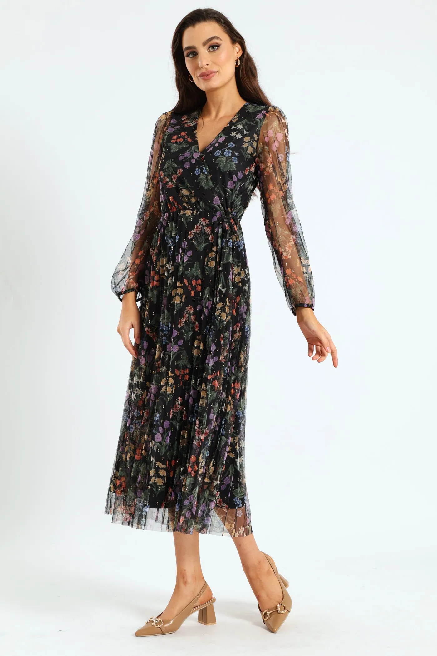 Wrap Pleated Mesh Maxi Dress - Black sold by Edgars